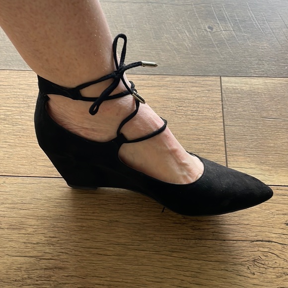 Marc Fisher Shoes - Black suede wedge heels with tie straps